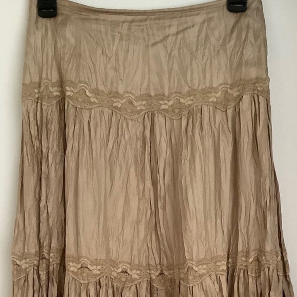 Gerry WEBER 100% SILK CRINKLE TIERED LACED DETAILS LIGHT TAN MIDI WOMAN …
